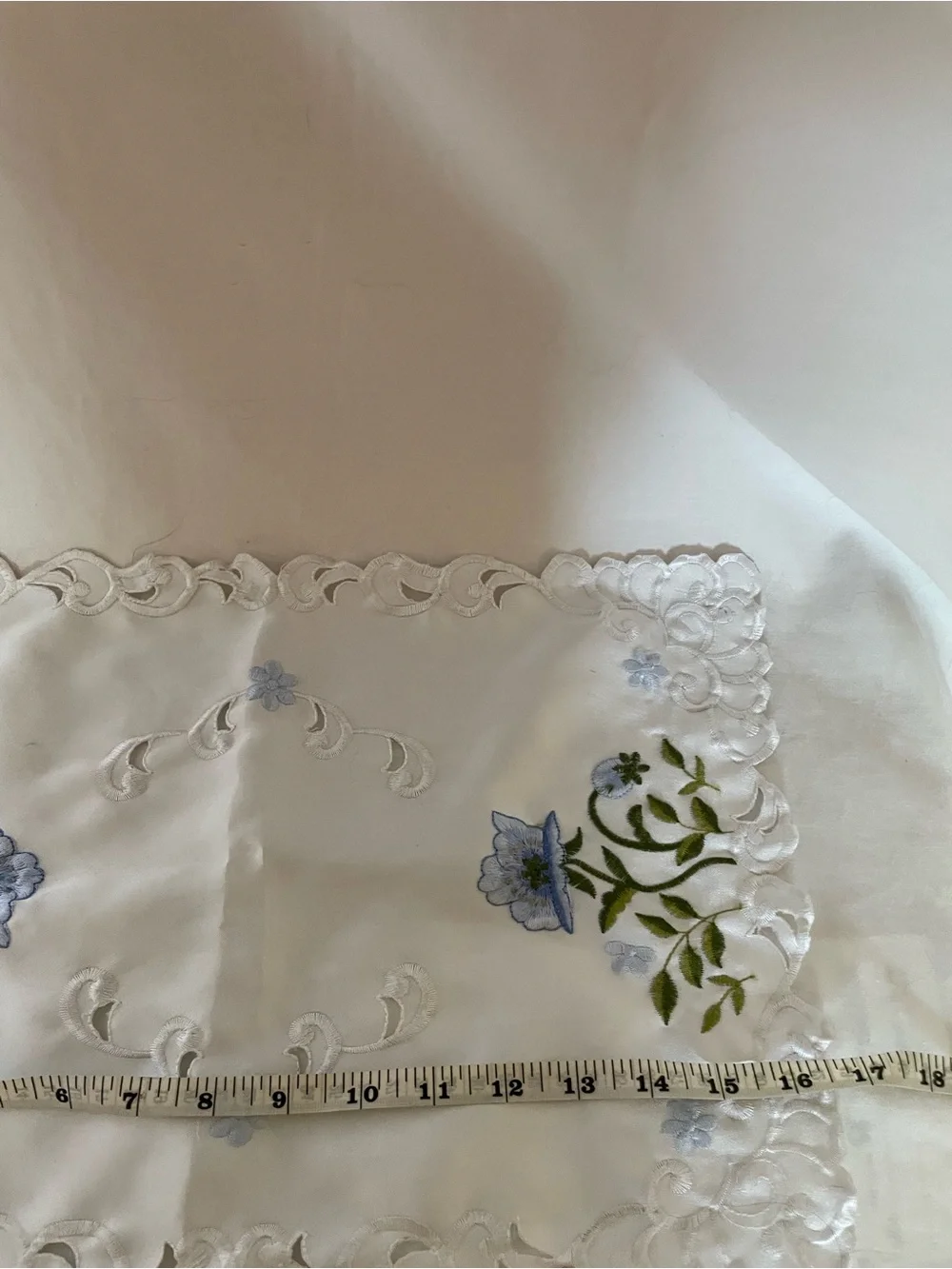 Embroidered Blue Floral Linen Runner & Doily Set